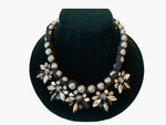 Loft Faux Grey Pearl Rhinestone Ribbon Statement Necklace