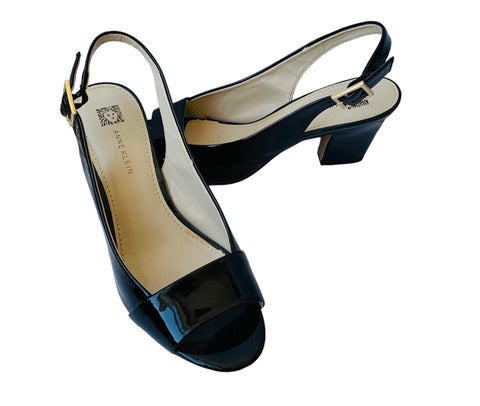Anne Klein Akulema Black Patent Leather Peep Toe Slingback Heels Size 8.5