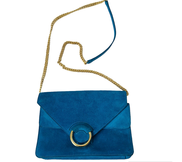 Banana Republic Royal Blue Suede Flap Over Crossbody Handbag With Gold Chain