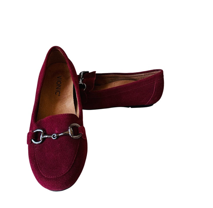 Vionic Bibiana Burgundy Suede Leather Loafers With Horsebit Buckle Size 6