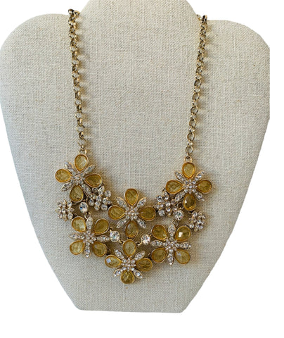 Yellow Rhinestone Floral Statement Necklace in Gold Tone