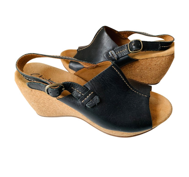 Clark’s Elements Black Leather and Cork Platform Sandals Size 8