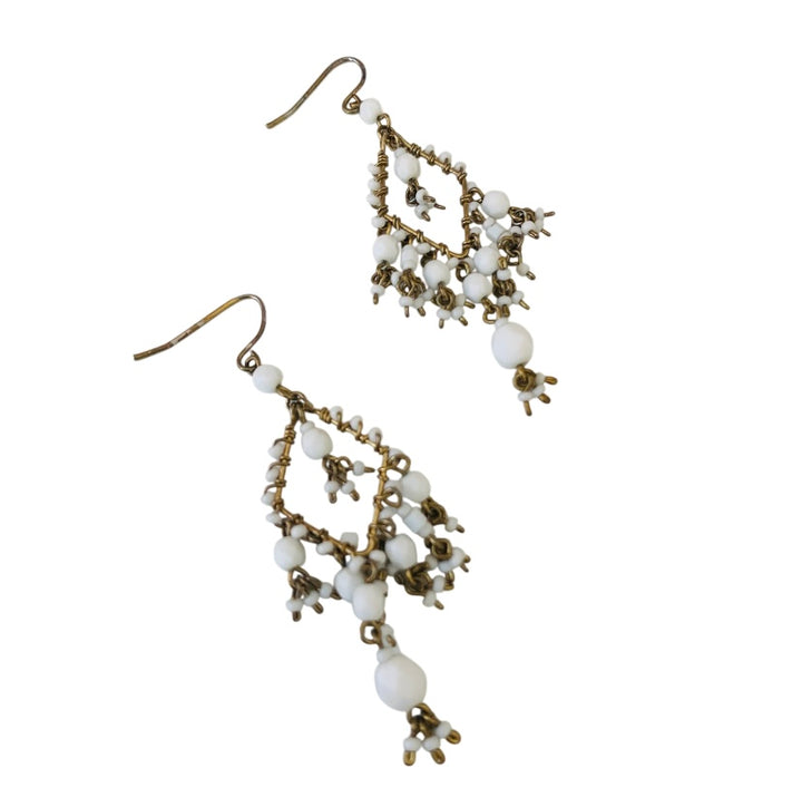 Dangling White Beaded Pierced Chandalier Earrings