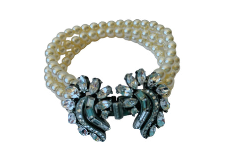 Ben -Amun Art Deco Style Pearl Bracelet With Rounded Swirl Crystal Clusters