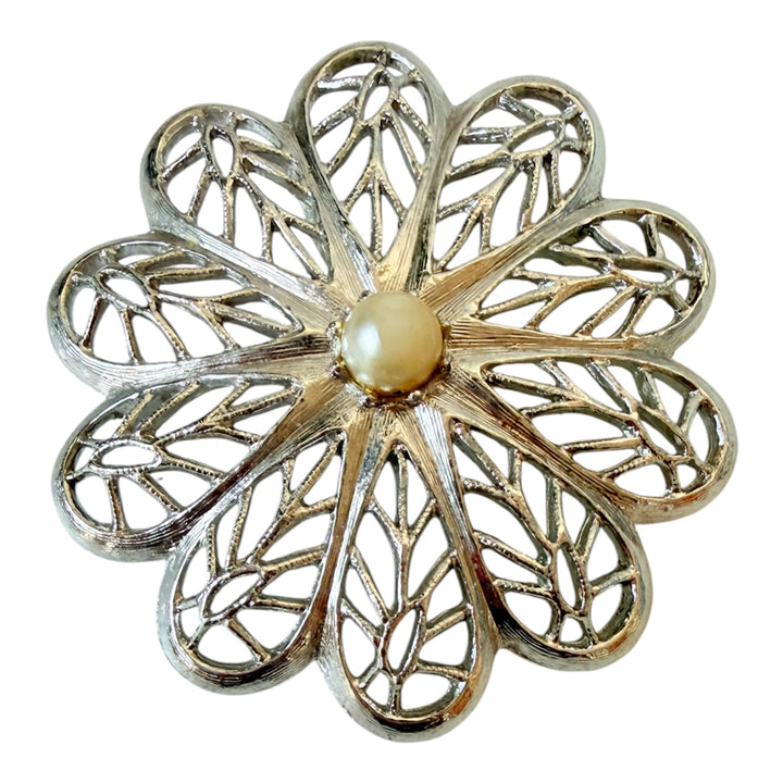 Caroline Emmons Vintage Silvertone Flower & Pearl Brooch