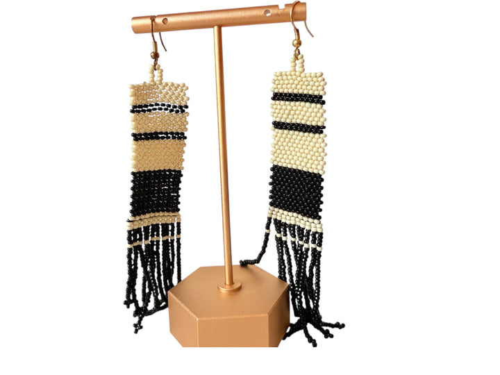 Black and Ivory Stripe Beaded 5” Fringe Pierced Earrings Handmade