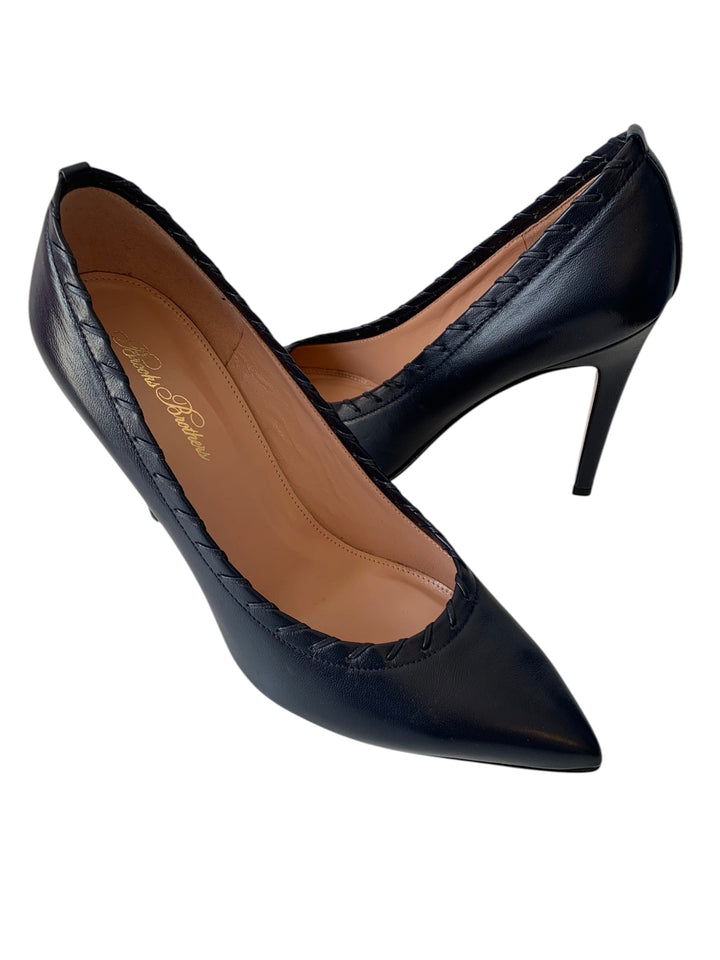 Brookes Brothers Deep Navy Blue Leather Whipstitch Pointed Toe Pumps Size 9 New