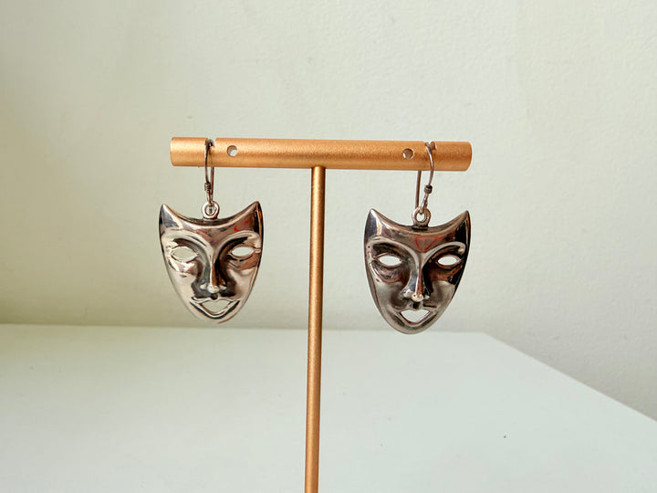 Sterling Silver Theater Mask Dangle Pierced Earrings