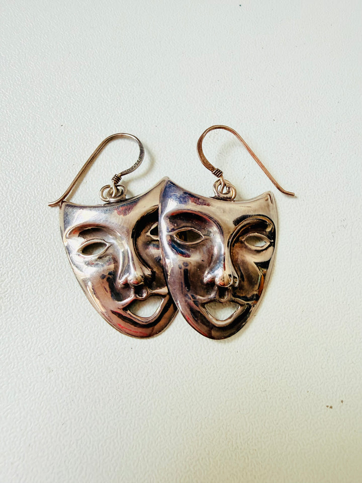 Sterling Silver Theater Mask Dangle Pierced Earrings