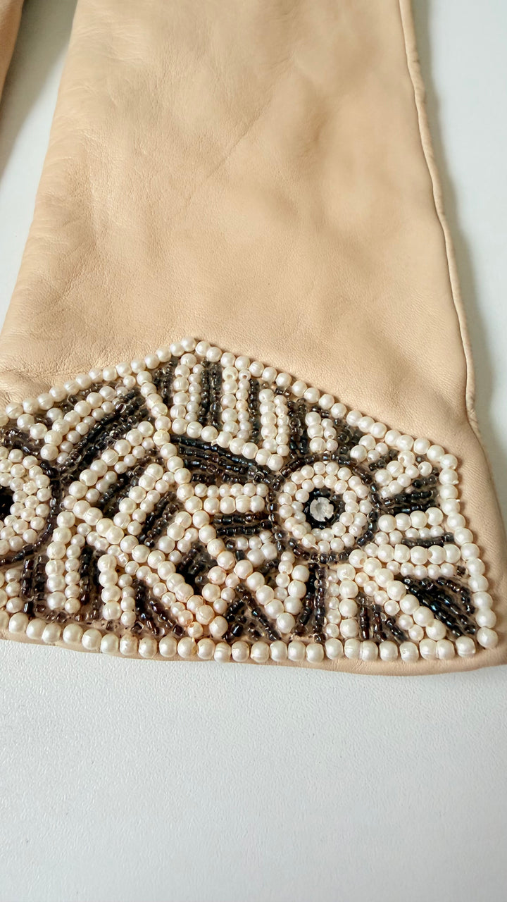 Vintage Geometric Beaded Leather Cuff Lined Gloves Size Medium