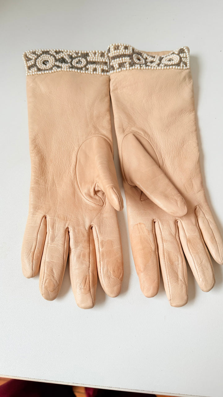Vintage Geometric Beaded Leather Cuff Lined Gloves Size Medium