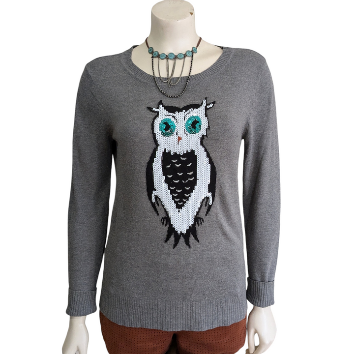 Saks Fifth Avenue Gray Label Sequin Owl Sweater Size XS