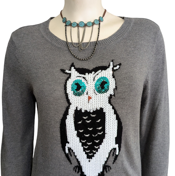 Saks Fifth Avenue Gray Label Sequin Owl Sweater Size XS