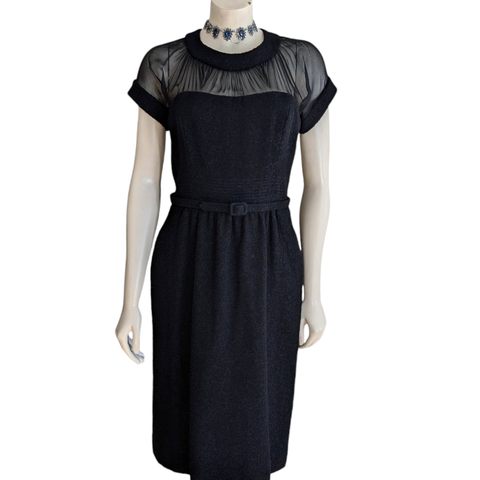 Oscar de la Renta Black Boucle Dress with Chiffon Panel Size 10