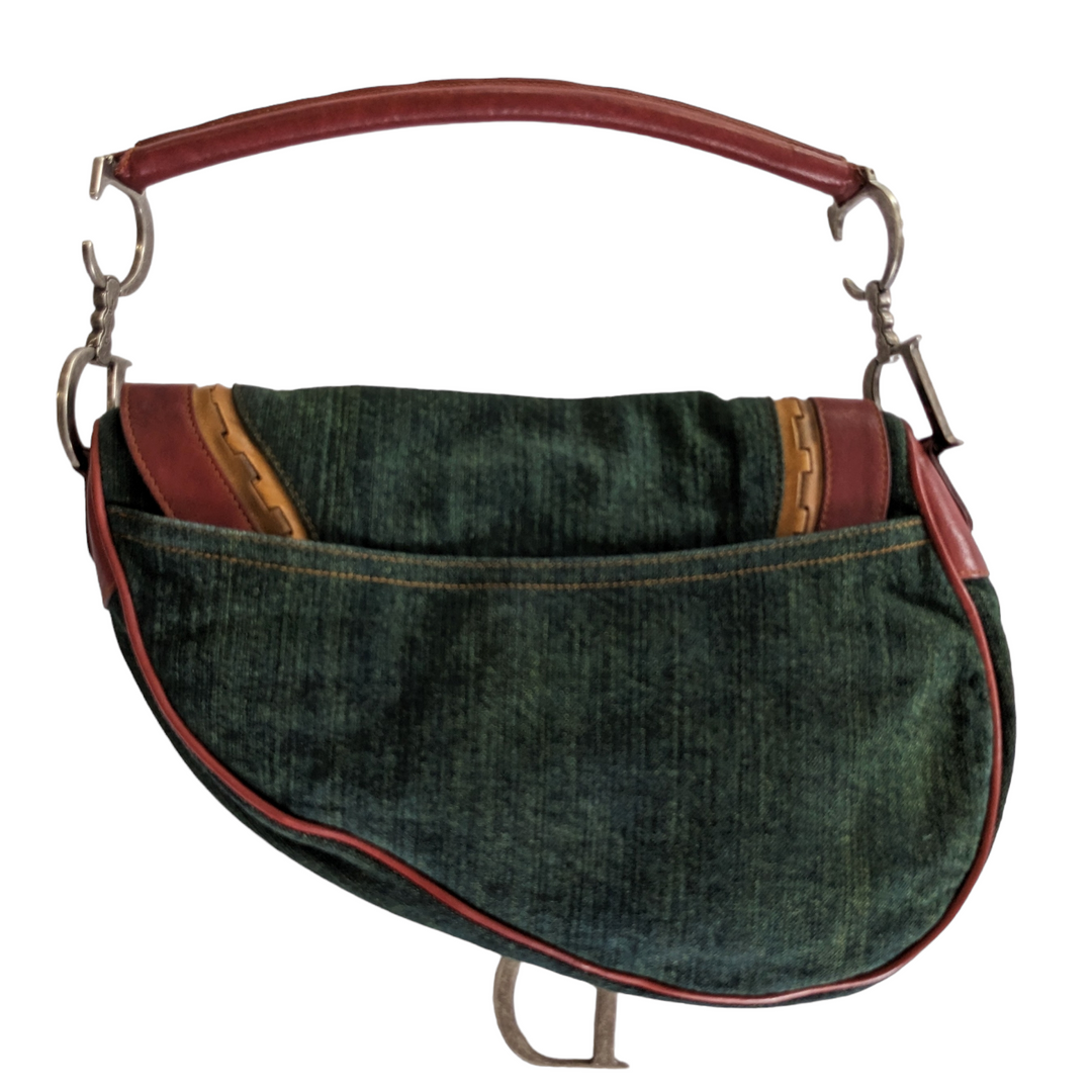 Christian Dior Large Green Denim Saddle Bag