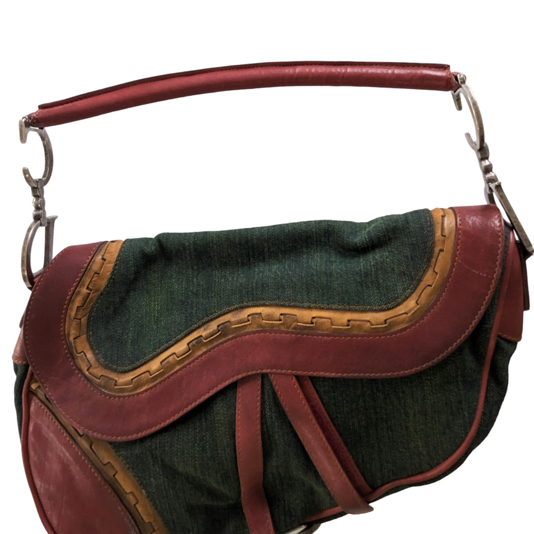 Christian Dior Large Green Denim Saddle Bag