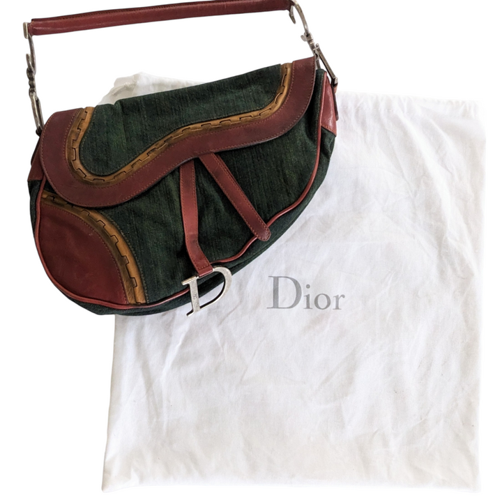 Christian Dior Large Green Denim Saddle Bag