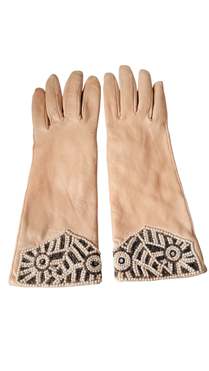 Vintage Geometric Beaded Leather Cuff Lined Gloves Size Medium