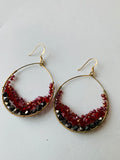 Red and Black Beaded Gold Hoop Earrings