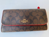 Coach Brown Classic C Leather Wallet with Red Trim