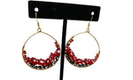 Red and Black Beaded Gold Hoop Earrings