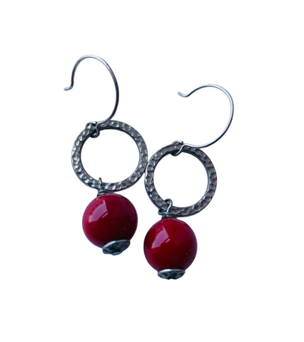 Sterling Silver Red Bead Drop Earrings