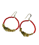 Coral Beaded Gold Hoop Drop Earrings