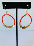 Coral Beaded Gold Hoop Drop Earrings