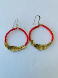 Coral Beaded Gold Hoop Drop Earrings