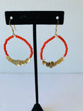 Coral Beaded Gold Hoop Drop Earrings