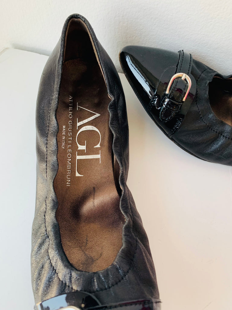 AGL Pointed Black Leather and Patent Ballet Flats Size 6.5 by C