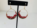 Red and Black Beaded Gold Hoop Earrings
