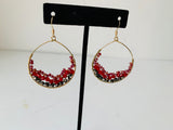 Red and Black Beaded Gold Hoop Earrings