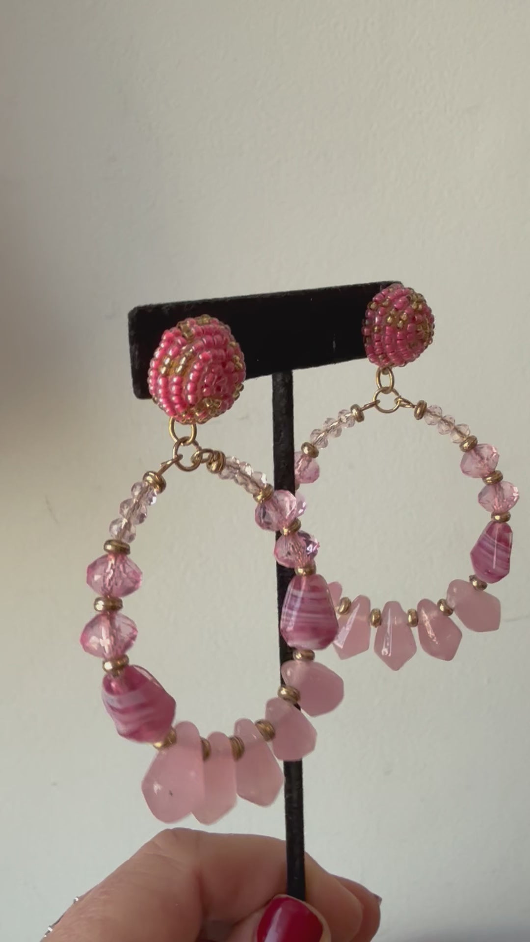 Pink Beaded Boho Style Post Pierced Hoop Earrings In Goldtone