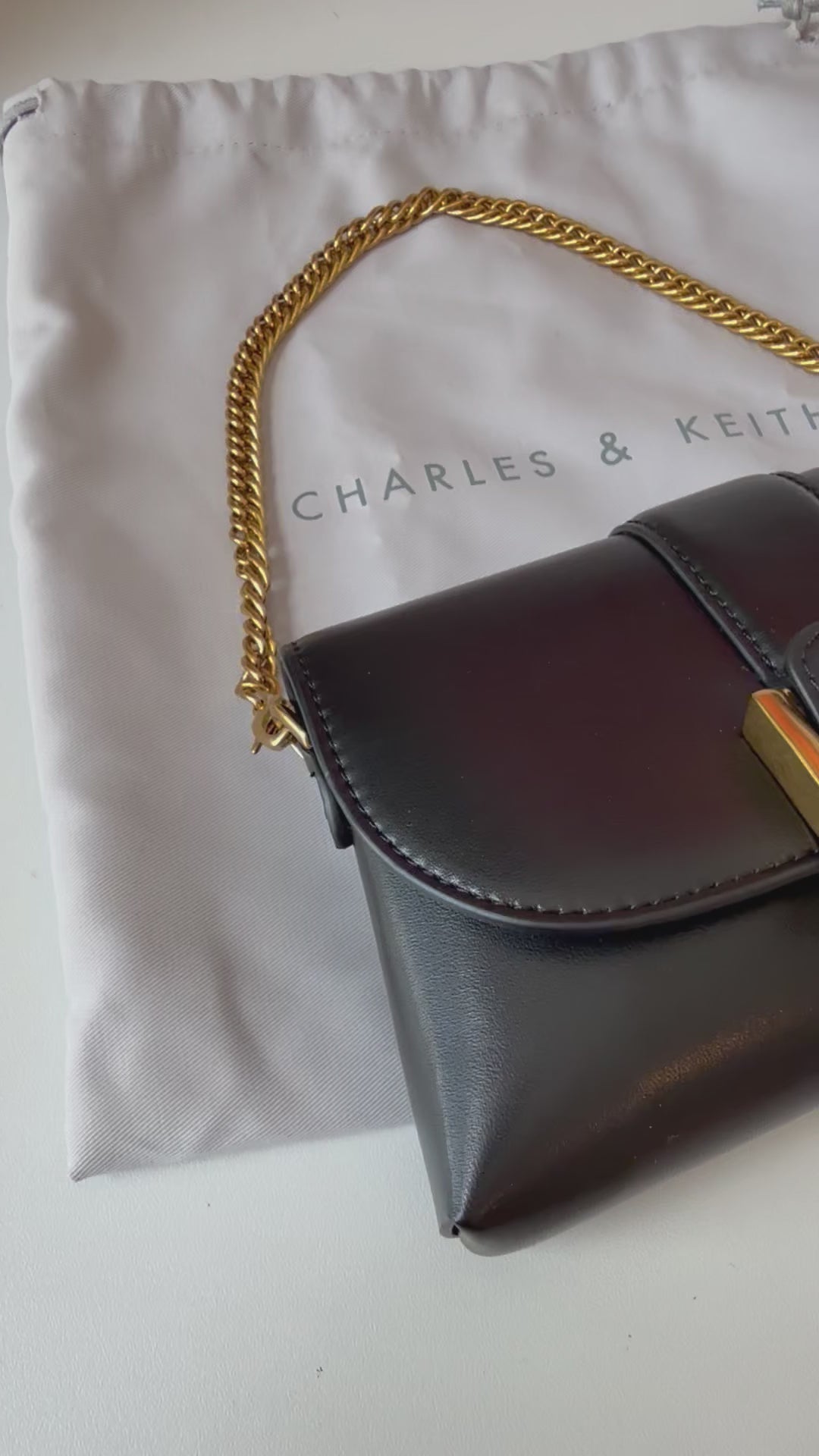 Charles & Keith Gabine Vegan Gold Buckle Black Handbag/Beltbag