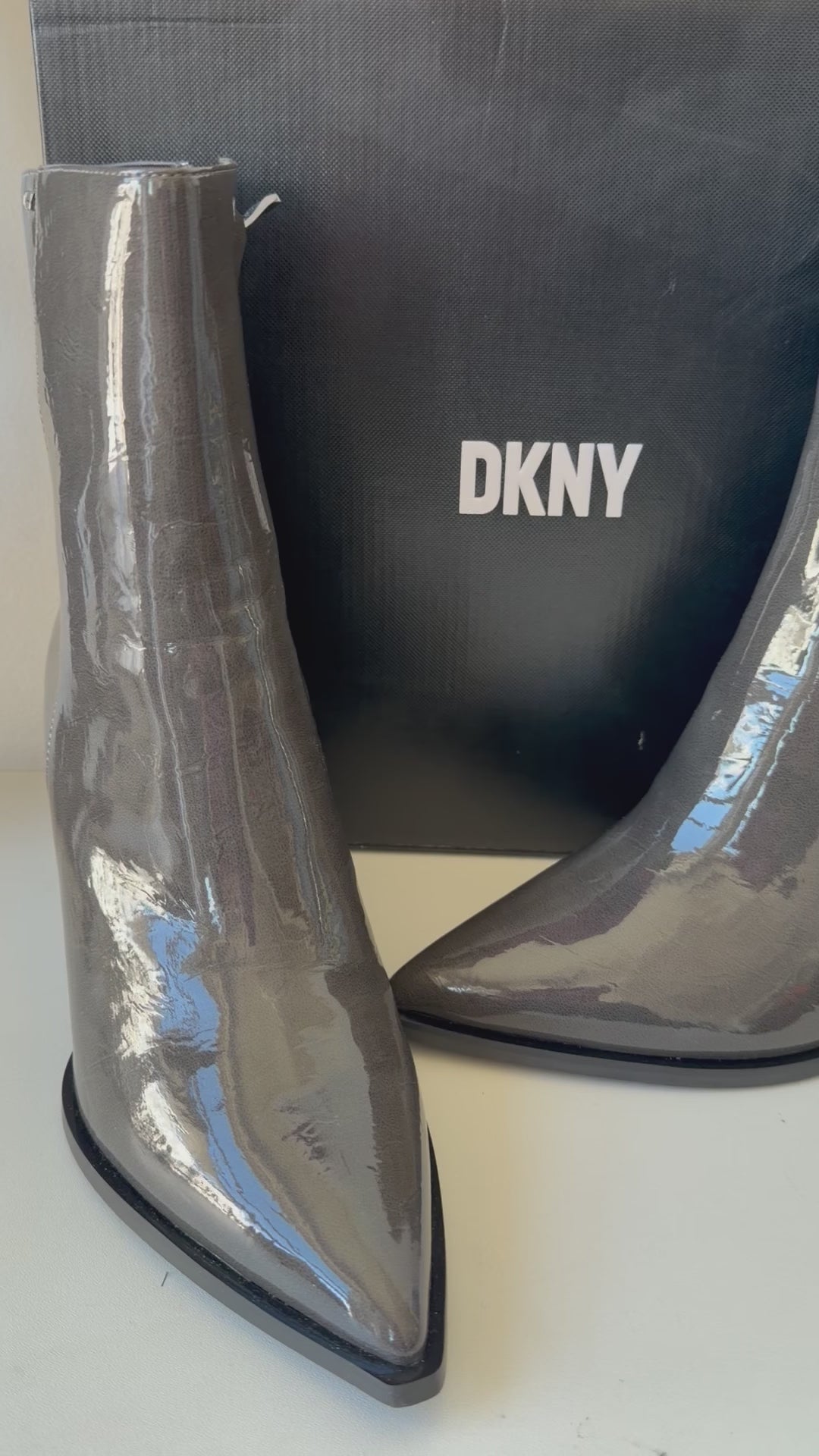 DKNY Beale Wedge Boots Iris Liquid Patent Charcoal Size 11 New in Box