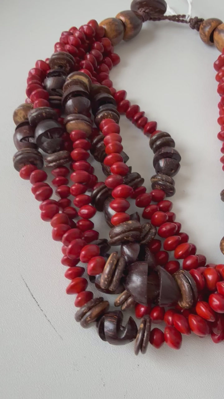 Summer Red & Brown Bead & Wood Necklace