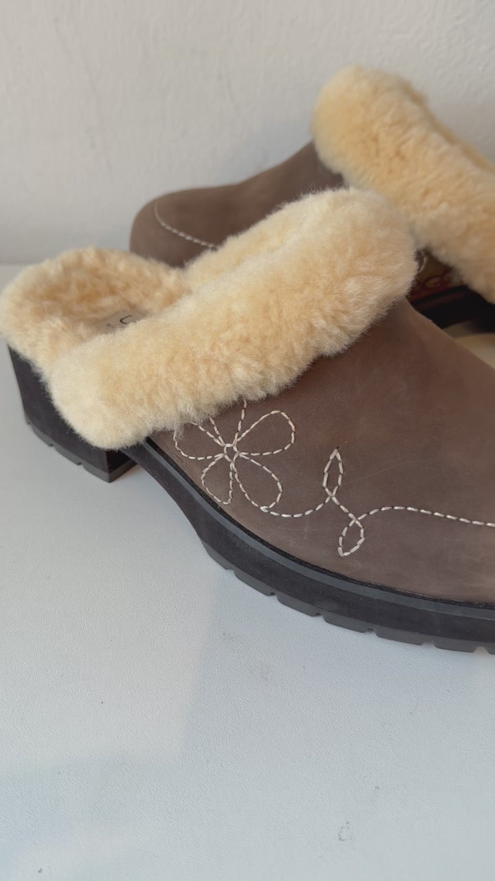 UGG Brown Blossom Embroidered Suede & Sherpa Heeled Mule/Clog Size 9 New