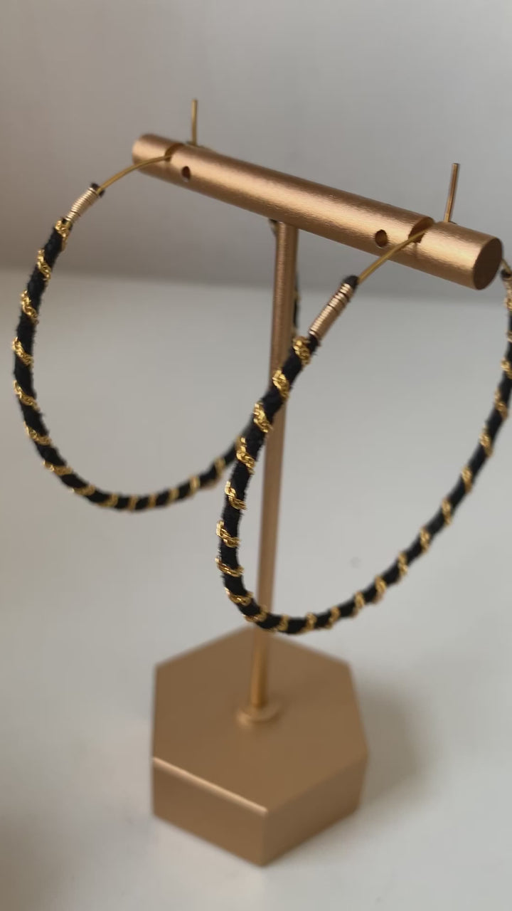 Black & Gold Rope Hoop Pierced Earrings