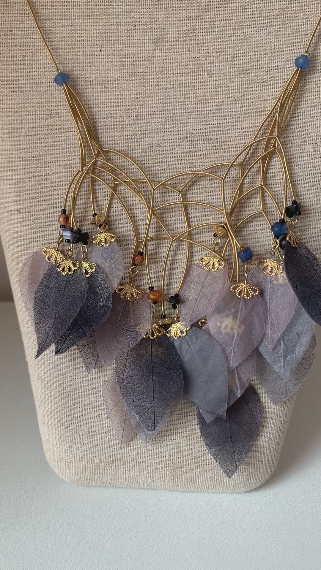 Blue Feather Statement Necklace in Gold Tone