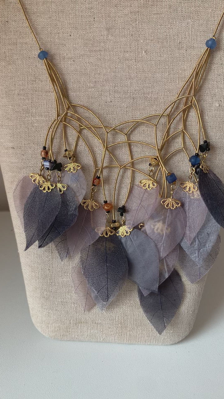 Blue Feather Statement Necklace in Gold Tone