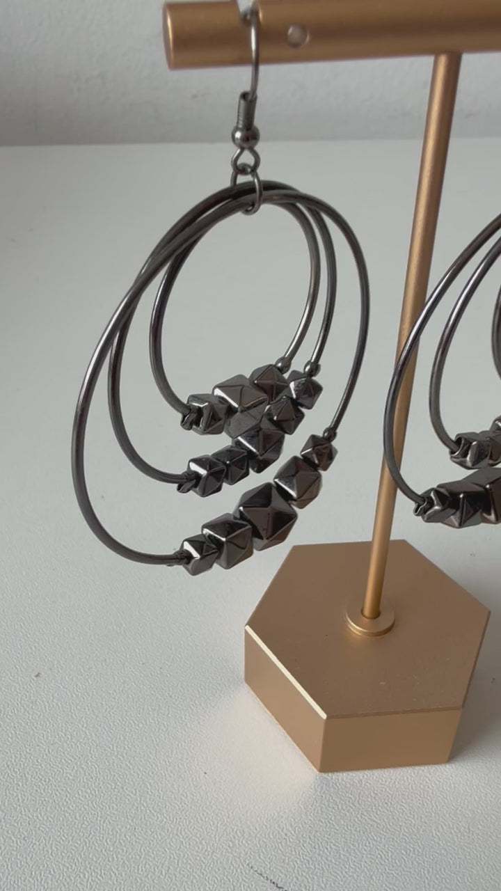 Hermatite Nickel Triple Hoop Faceted Bead Pierced Earrings