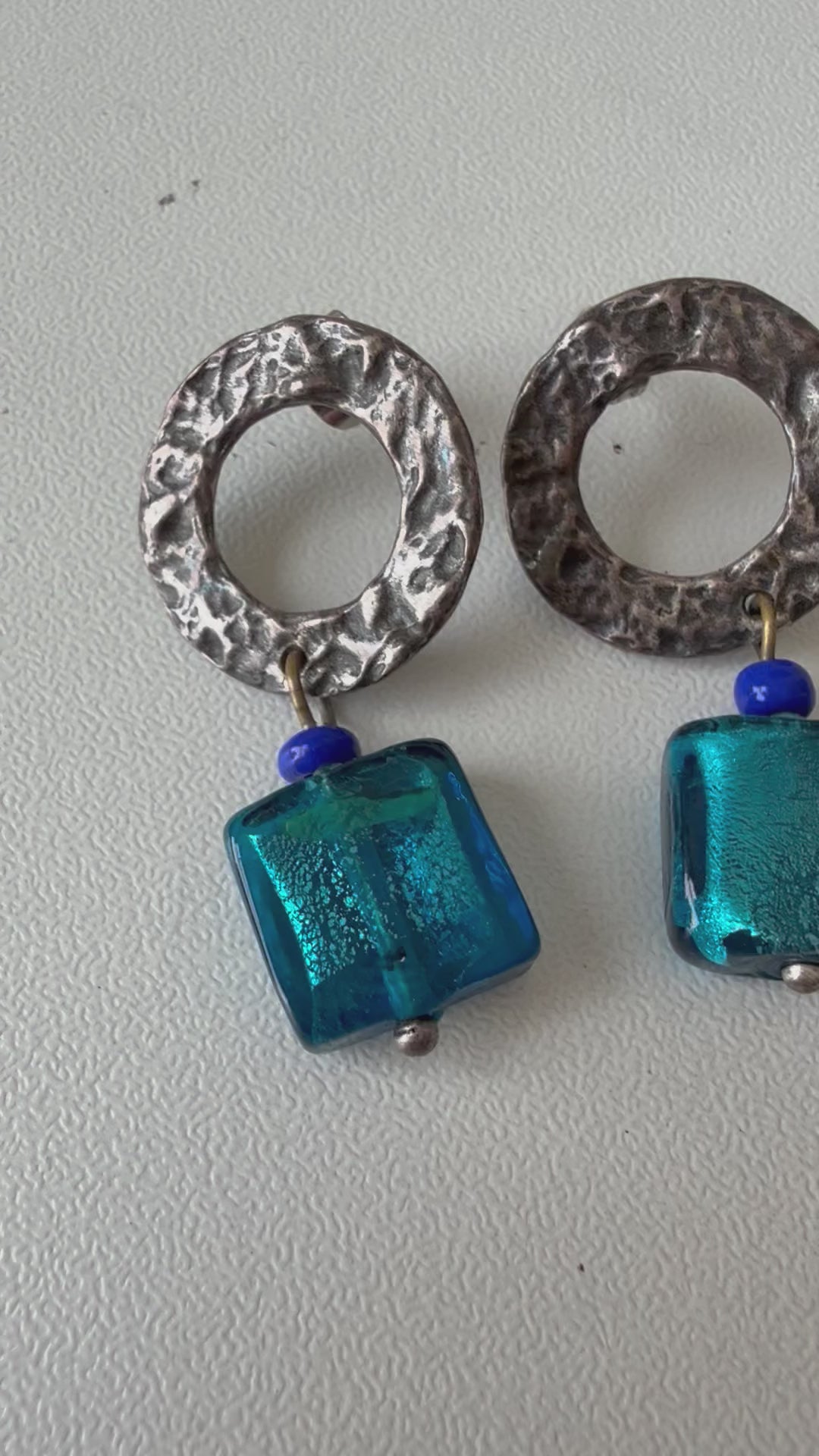 Hammered Silver Tone Blue Stone Pierced Earrings