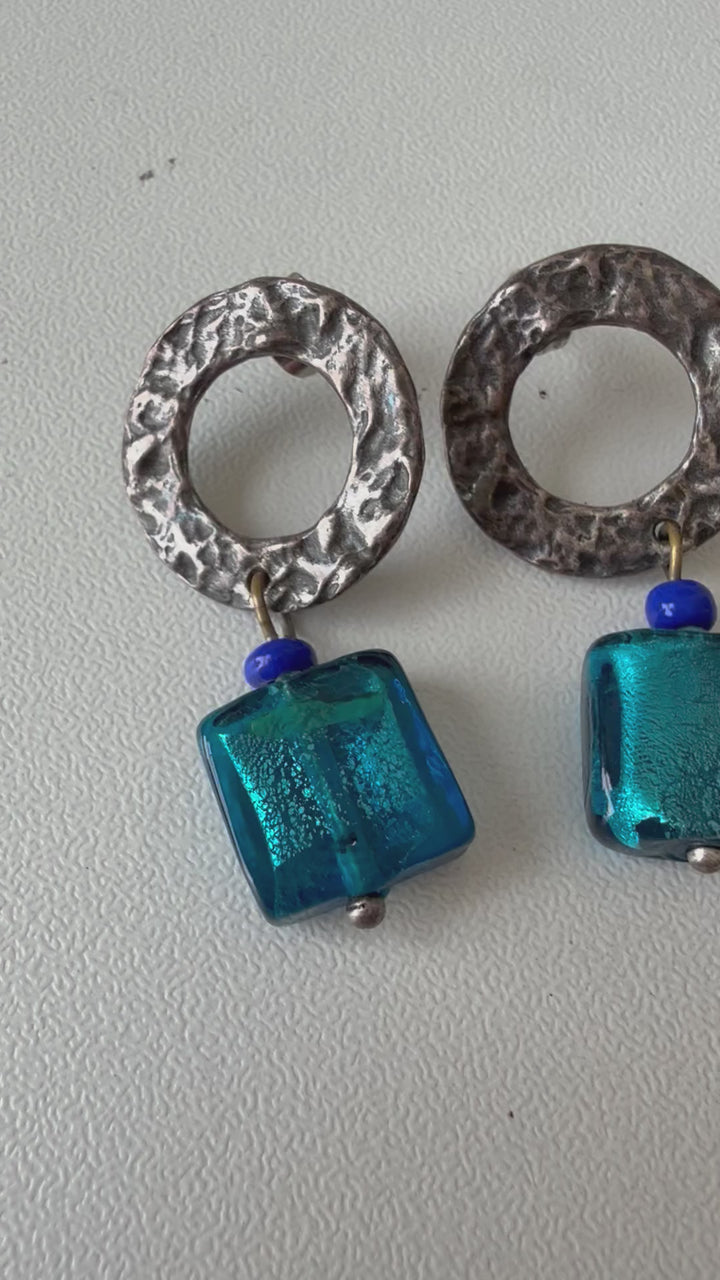Hammered Silver Tone Blue Stone Pierced Earrings