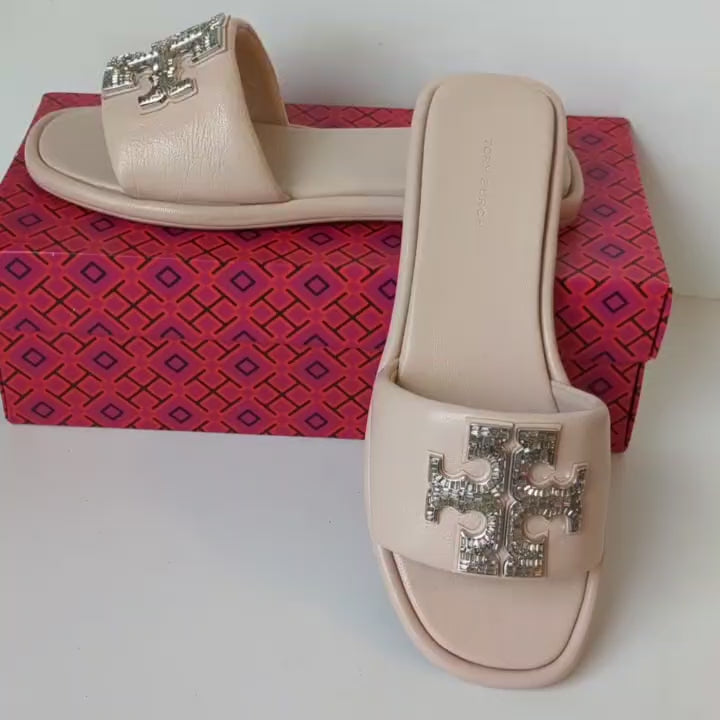 Tory Burch Double T Deco Rhinesone Sport Slides in Pink Goat Leather Size 8.5