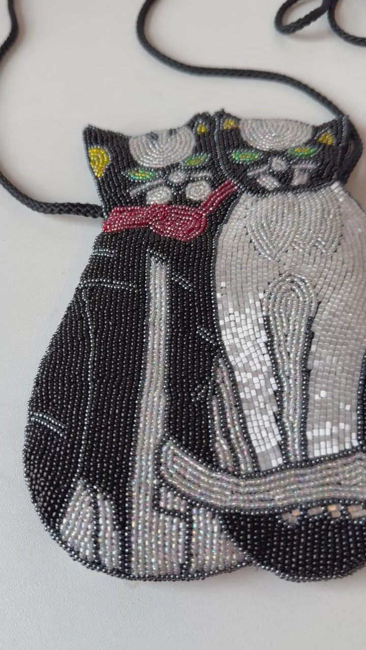 Vintage Lee Sands Hand Beaded Dual Cat Crossbody Handbag