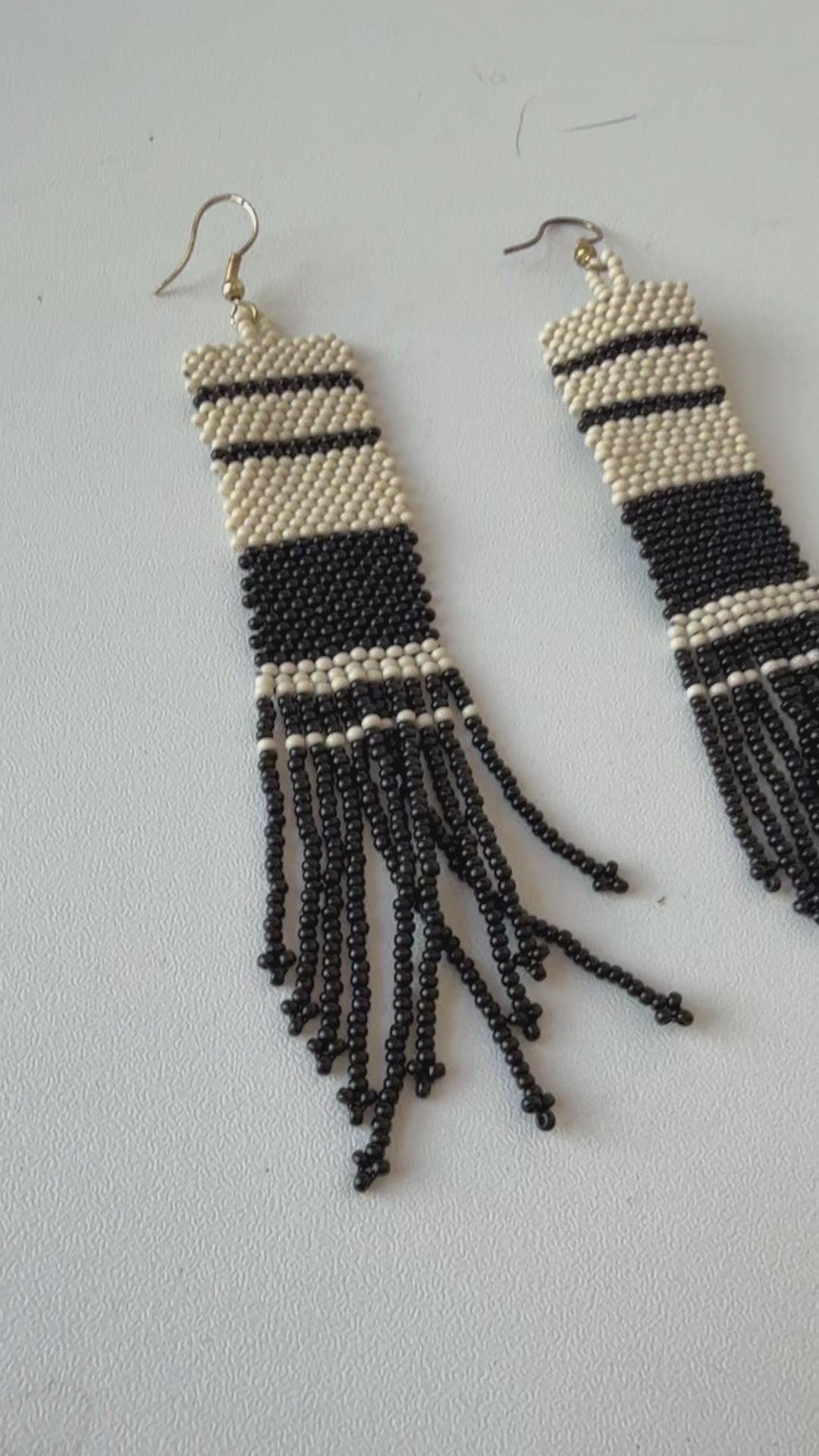 Black and Ivory Stripe Beaded 5” Fringe Pierced Earrings Handmade