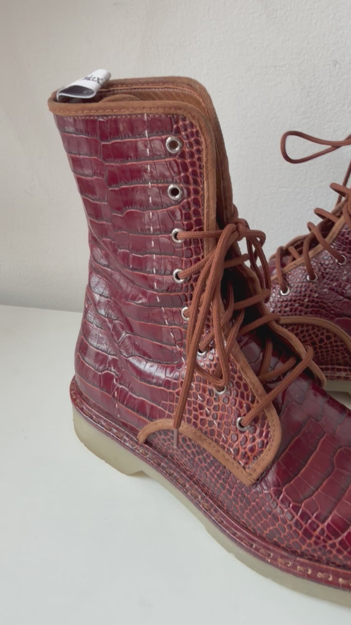 Max Mara Crocodile Print Leather Combat Boots Size 38