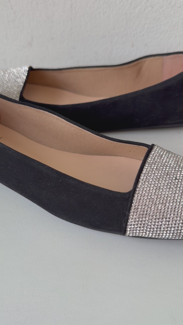 French Sole Via FS/NY Black Rhinestone Square Toe Ballet Flats Size Women’s 7