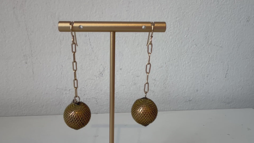 Gold Ball & Chain Mesh Drop Pierced Earrings